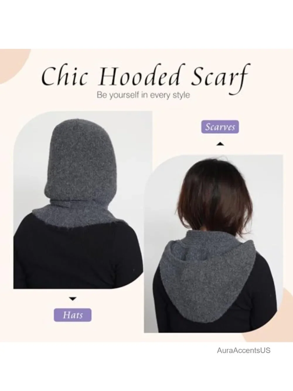 Knitted Hooded Scarf 2-in-1 Winter Neck Warmer Wrap for Women